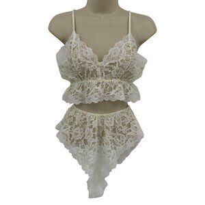 VTG Victorias Secret Medium Ivory Sheer Flower Lace Bralette Cheeky Shorts Set